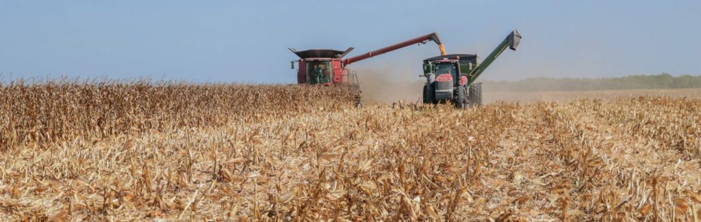 Combine loading corn into a catch wagon.